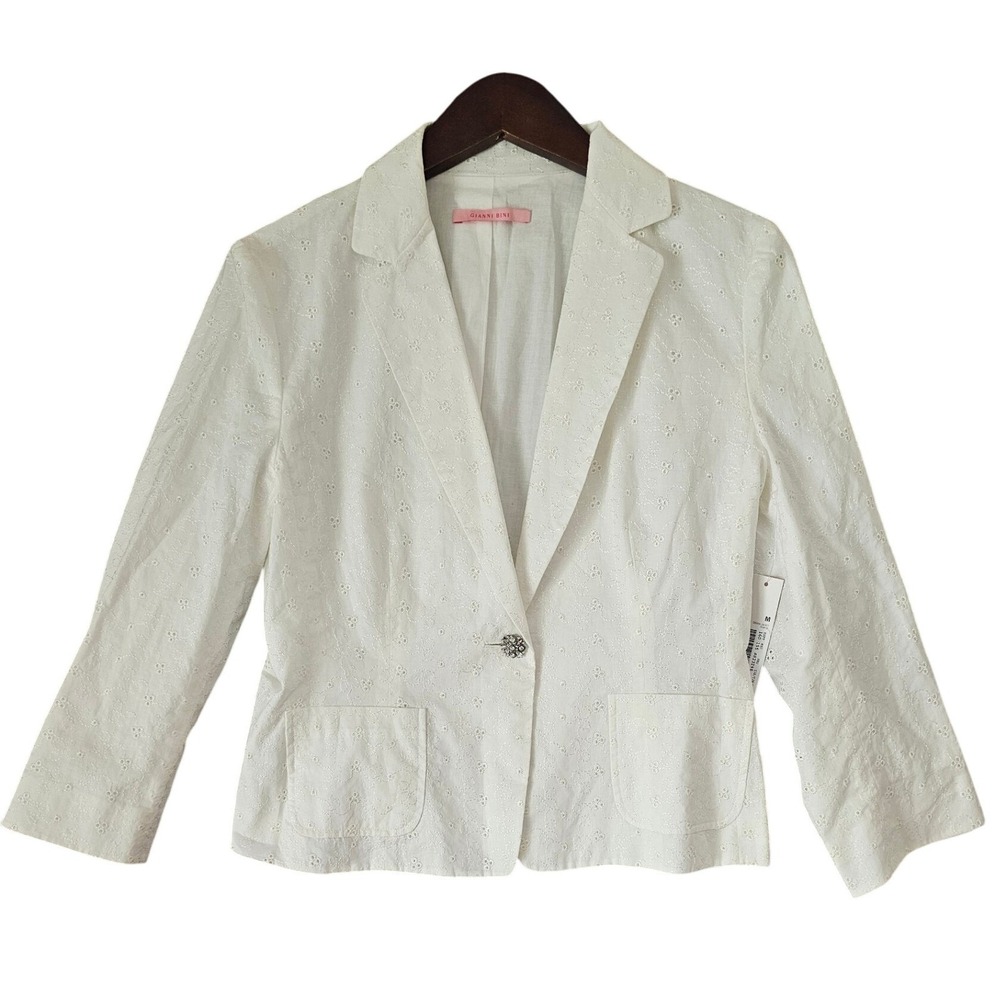 GIANNI BINI White Eyelet Embroidered Cropped Button Blazer GRISHA‎ Jacket M NWT